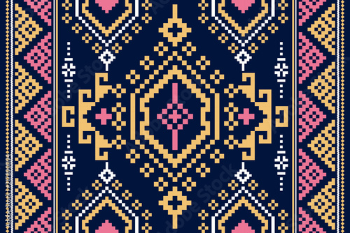 Cross Stitch Geometric ethnic patterns. Design for Saree, Patola, Sari, Dupatta, dupatta, Clothing, fabric, batik, Knitwear, Embroidery, Pixel ethnic pattern. Traditional Design.	
