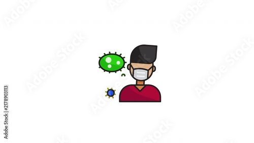 Masked man with green coronavirus particles and blue microbe cartoon avatar design. Suitable for healthrelated websites, posters, and infographics.