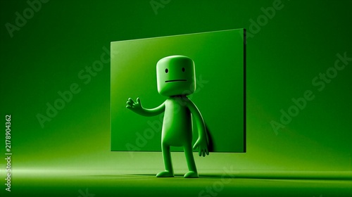 Green 3D Character Waving in Front of Blank Screen