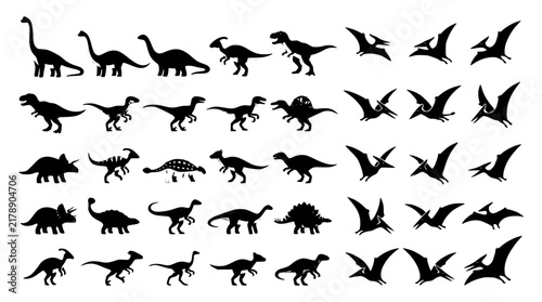 Dinosaur Silhouette Vector Mega Set Featuring Tyrannosaurus Rex, Triceratops, Brachiosaurus, and Pterodactyl Icons Pack for Creative Silhouette Graphic Design Projects
