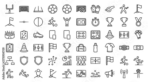 Soccer and Football Sports Outline Icon Vector Set Featuring Soccer Balls Goal Posts Field Fields Cones Trophy Cups Jerseys and Referee Whistle Linear UI Symbols