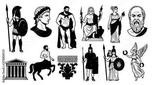 Ancient Greek and Roman Mythology Vector Icon Set Featuring Emperor Busts Gladiator Warriors Zeus Poseidon Medusa Temple Column and Antique Amphora Vase Silhouette Graphics