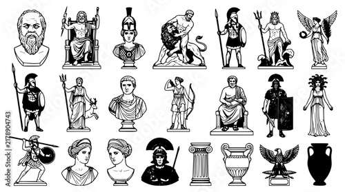 Ancient Greek and Roman Mythology Vector Icon Set Featuring Emperor Busts Gladiator Warriors Zeus Poseidon Medusa Temple Column and Antique Amphora Vase Silhouette Graphics