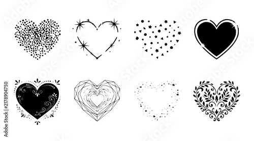 Decorative Romantic Heart Vector Graphic Set Featuring Floral Wreaths Sparkles Dotted Polka Patterns Vintage Ornaments and Geometric Line Elements for Valentine Wedding Cards