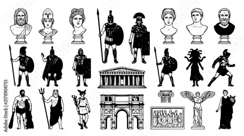 Ancient Greece and Rome Mythology Icon Vector Set Featuring Roman Emperors Spartan Warriors Gods Temples Triumphal Arch Column and Medusa Silhouette Illustration Assets