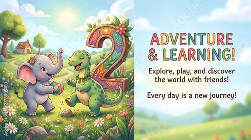 Elephant and baby dinosaur exploring beside giant number two