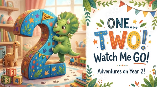 Baby triceratops climbing giant number two in colorful playroom