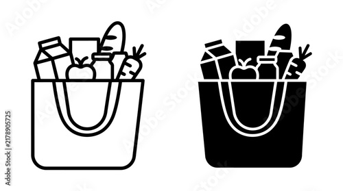 Two shopping bag icons filled with groceries, one outlined and one solid black.