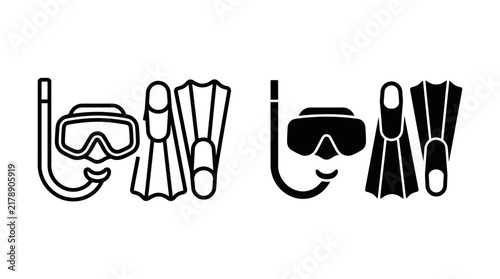 Set of two scuba diving masks and snorkels with fins, one in outline style and the other in solid black.