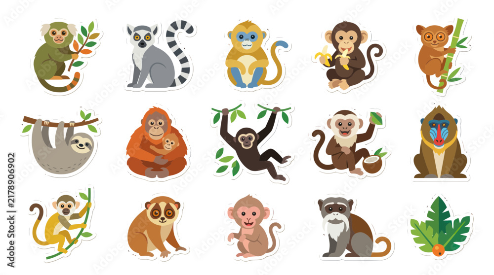 Fototapeta premium Cute Cartoon Monkeys Apes and Sloths Flat Design Animal Sticker Set Vector Illustration