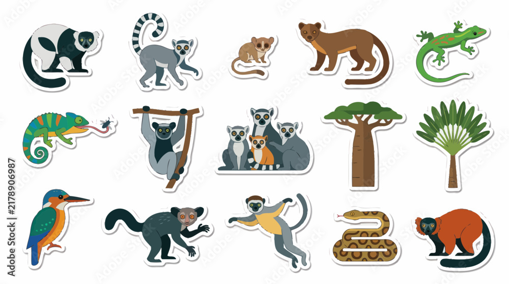 Obraz premium Flat Style Lemurs, Chameleons, Birds, Snake, Lizards, Trees Vector Illustrations