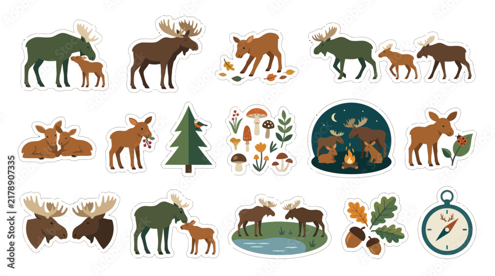 Obraz premium Moose, Deer, and Forest Nature Elements Flat Vector Illustration Sticker Pack for Wildlife Outdoor Themes