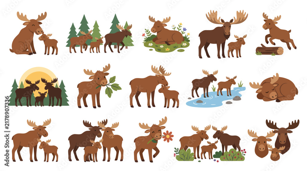 Obraz premium Charming Wildlife Flat Vector Illustration Set of Moose Family and Calves in Nature
