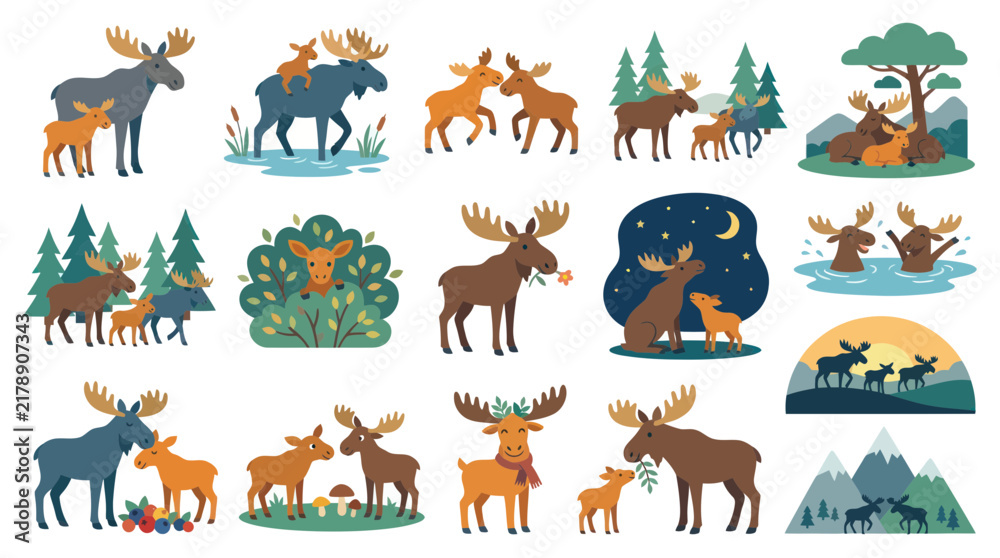 Obraz premium Cute Moose Family Cartoon Vector Illustration - Wildlife Art