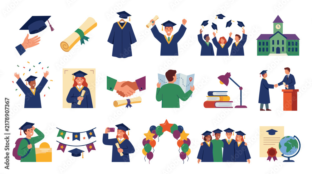 Fototapeta premium Graduation and Education Flat Illustration Set with Students, Diplomas, and Academic Symbols