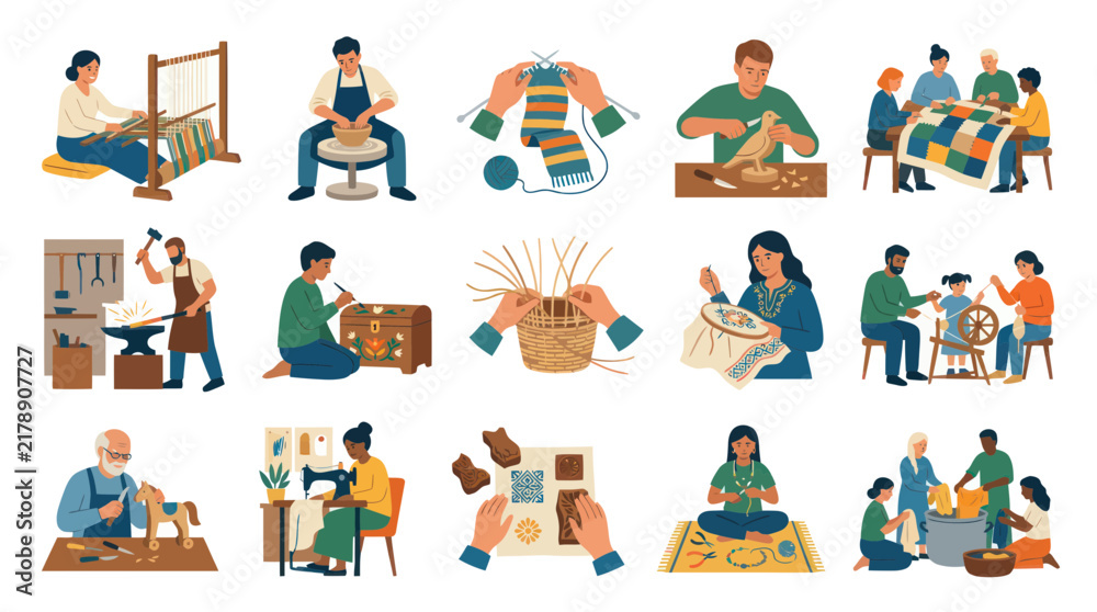 Naklejka premium Artisans and Crafters Practicing Traditional Handicrafts. Flat Vector Illustration Set of People Making Handmade Goods.