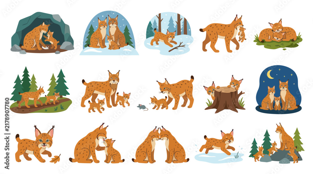 Obraz premium Flat Art Vector Illustration of Lynx Family in Nature Scenes