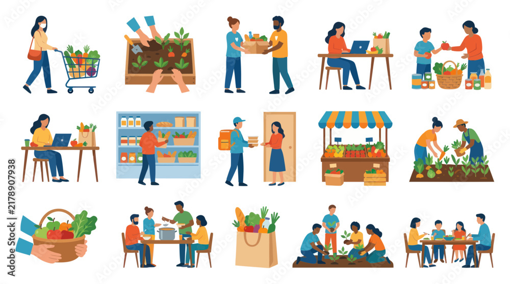 Naklejka premium Healthy Food and Sustainable Lifestyle Flat Vector Illustrations: Gardening, Shopping, Cooking, and Community Meals