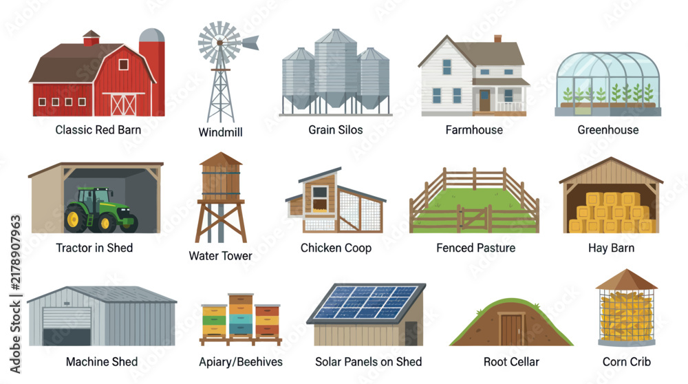 Obraz premium Farm Buildings and Equipment, Flat Vector Illustration Set