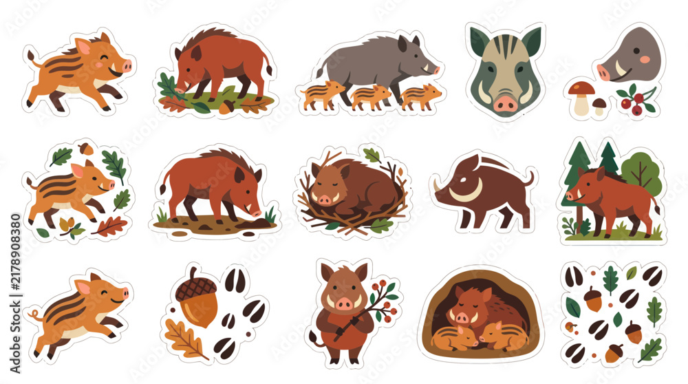 Obraz premium Cute Cartoon Wild Boar Family Stickers for Nature and Animal Themes
