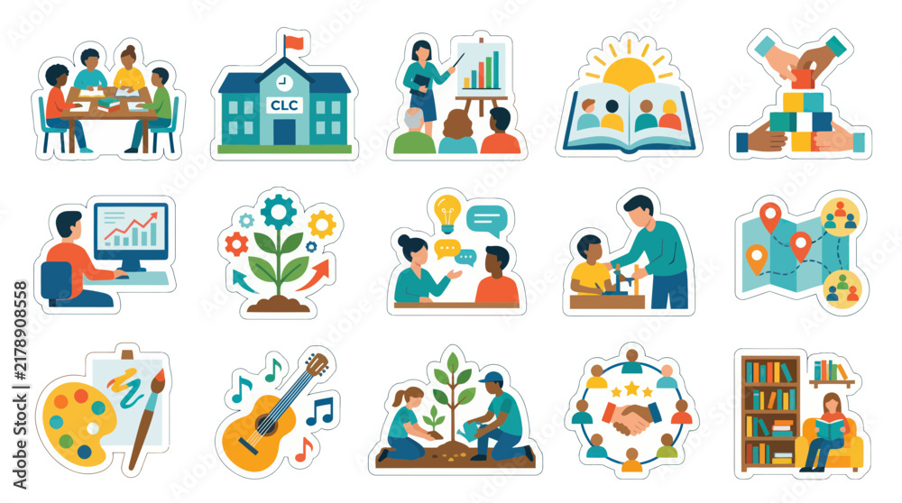 Fototapeta premium Flat Design Education Collaboration Icons Set, School, Growth, Art, Music