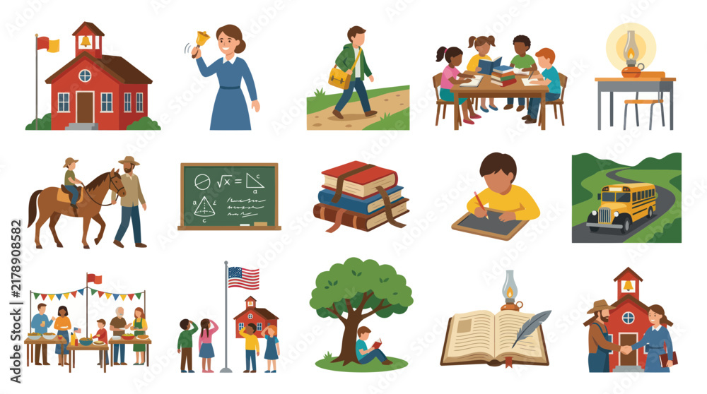 Fototapeta premium Flat Style Education Vector: School, Students, Books, Bus, Learning