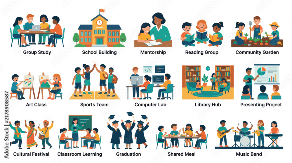 Fototapeta premium Education Icons Set: Flat Art Style Illustrating Learning Activities