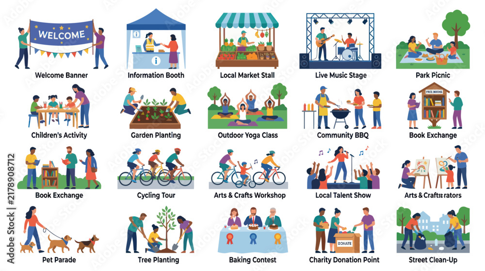 Naklejka premium Flat Design Vector Illustrations of Community Events, Social Activities Neighborhood Volunteering