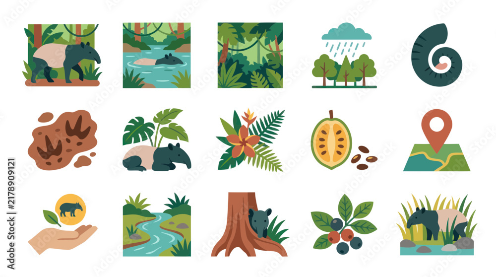 Obraz premium Flat Vector Tapir Wildlife Icons Set. Rainforest Nature, Ecosystem, and Conservation Environment Theme.