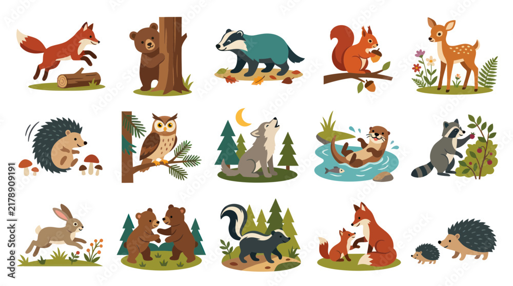 Obraz premium Cute Forest Animals Flat Vector Illustration for Children's Educational Content
