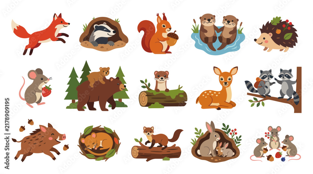 Obraz premium Flat Style Cute Forest Animals Collection Vector Illustration