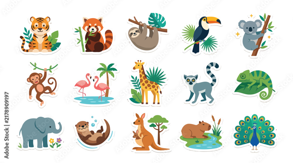 Fototapeta premium Cute Flat Cartoon Exotic Wild Animals Vector Sticker Set. Safari, Zoo and Jungle Wildlife Collection for Kids Education.