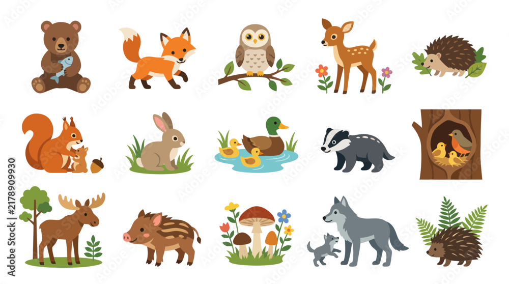 Obraz premium Adorable Flat Vector Forest Animals Collection: Woodland Creatures Wildlife Illustration Set for Kids