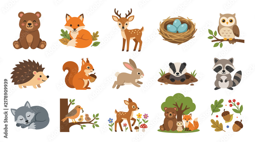 Fototapeta premium Cute Woodland Animals Forest Creatures Wildlife Cartoon Flat Vector Illustration