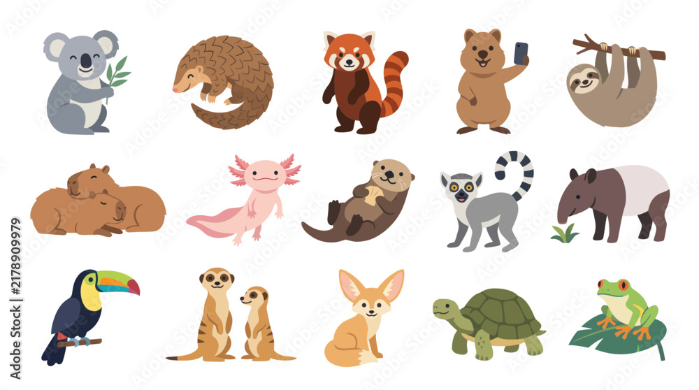 Fototapeta premium Cute Cartoon Animals Vector Illustration: Koala, Sloth, Toucan, Frog, Turtle, Fennec