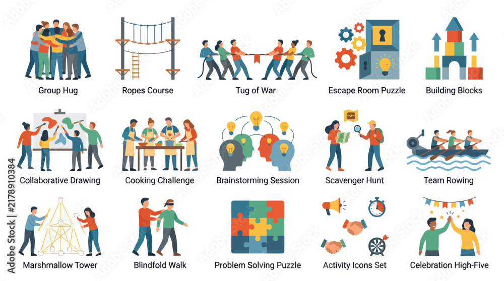 Fototapeta premium Team Building Activities Flat Icons Set: Collaboration, Competition, Fun