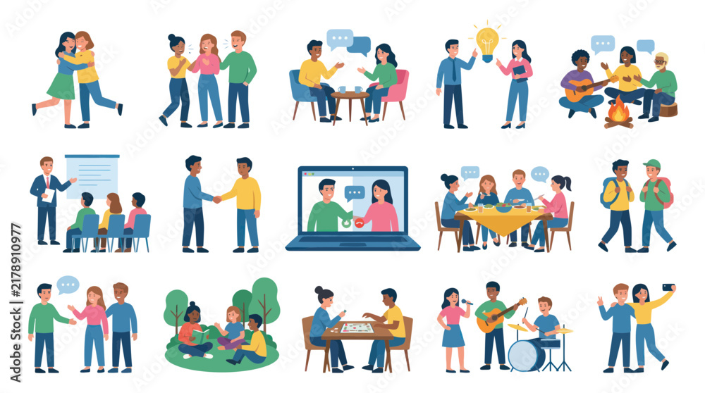 Fototapeta premium Flat Vector Illustration Set: Diverse People Interacting, Communicating, Learning Socializing