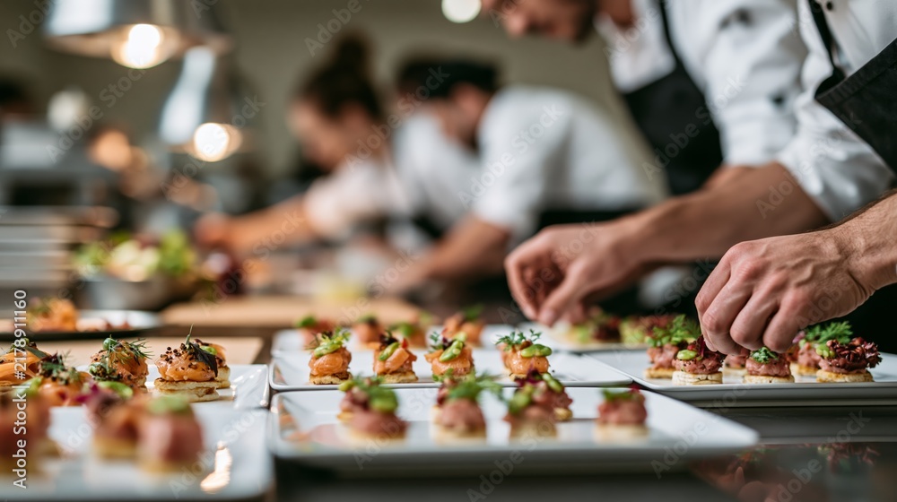 Obraz premium Professional catering team prepares Christmas appetizers in modern kitchen for corporate event Generative AI