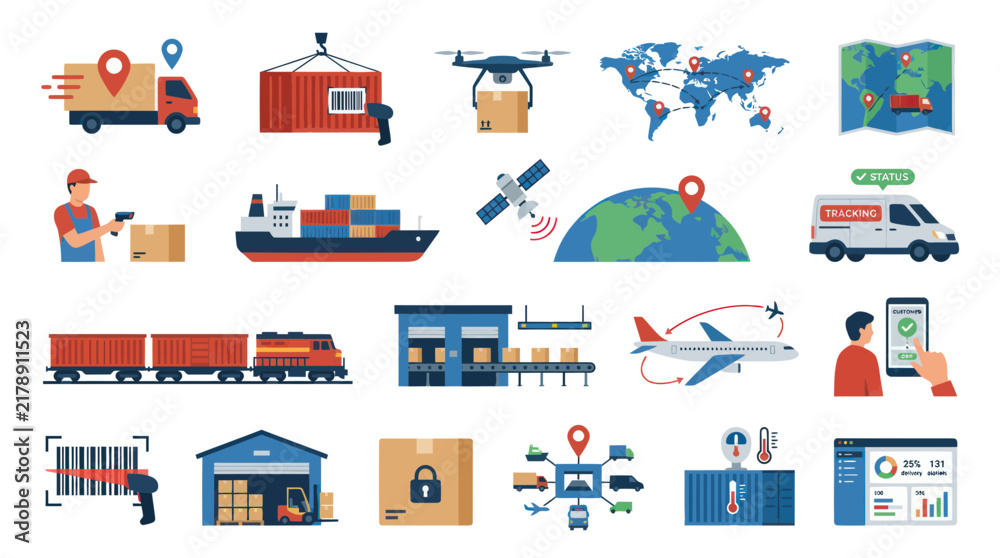 Fototapeta premium Flat Design Vector Icons of Logistics, Global Shipping, Delivery, and Supply Chain Tracking Services
