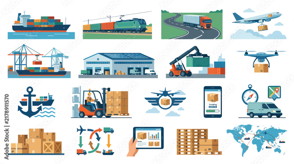 Obraz premium Flat Vector Logistics Icons Set: Global Supply Chain, Freight Shipping, Warehouse, Delivery Transportation