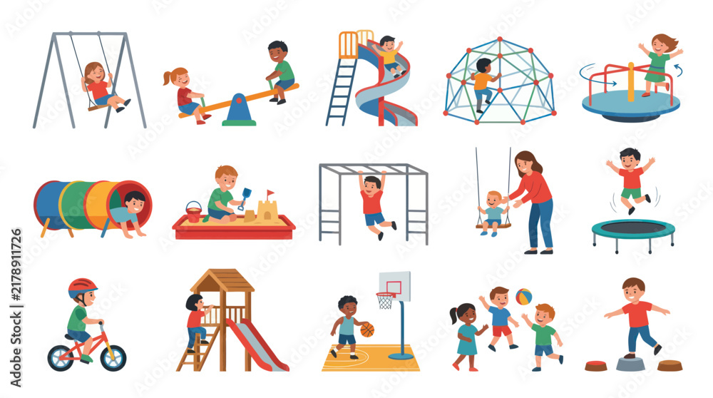 Fototapeta premium Flat Design Children Playing on Playground Equipment, Kids Outdoor Activities Vector