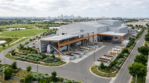 Modern Recycling Facility with City Skyline in Background