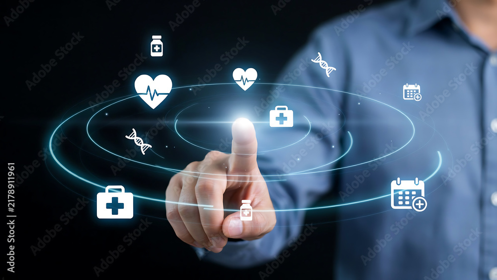 Obraz premium Person using smartphone with health and medical icons connected in futuristic digital interface