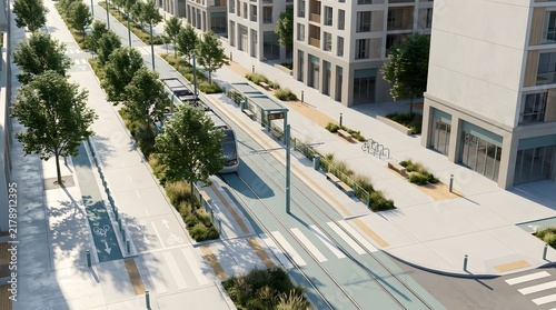 Modern tram in a green urban environment with bike lanes