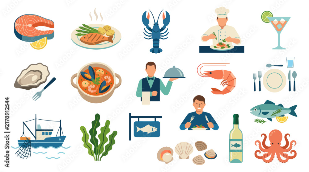 Fototapeta premium Flat Vector Seafood Icons: Fish, Lobster, Shrimp, Octopus, Oysters, Cuisine
