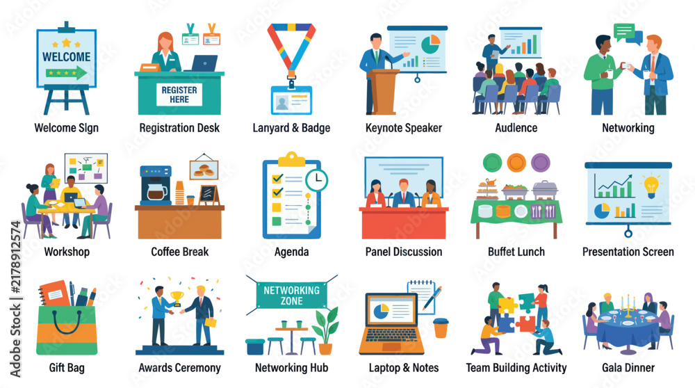 Fototapeta premium Flat Vector Icons Set: Business Conference, Event Planning, Workshop Seminar Activities Collection
