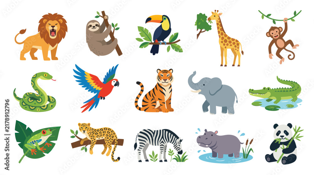 Fototapeta premium Cute Wild Animals Flat Vector Illustration Set for Kids Education - Jungle, Safari Exotic Fauna Collection