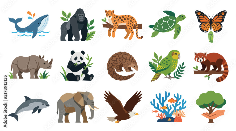 Obraz premium Flat Art Illustration of Diverse Animals and Nature Elements for Wildlife Education