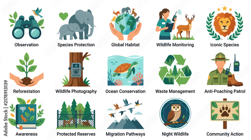Fototapeta premium Wildlife Conservation Icons Set: Flat Design for Environmental Protection