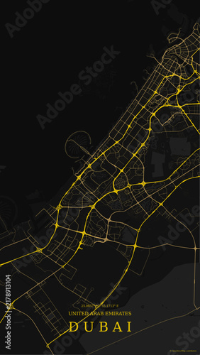 Dark black and luxury gold map of Dubai, United Arab Emirates, featuring Palm Jumeirah, Sheikh Zayed Road network, coastline, and geographic coordinates.